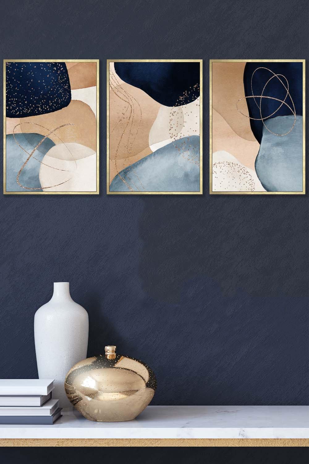Abstract Blue, Beige, Gold Shapes Framed Wall Art - Medium